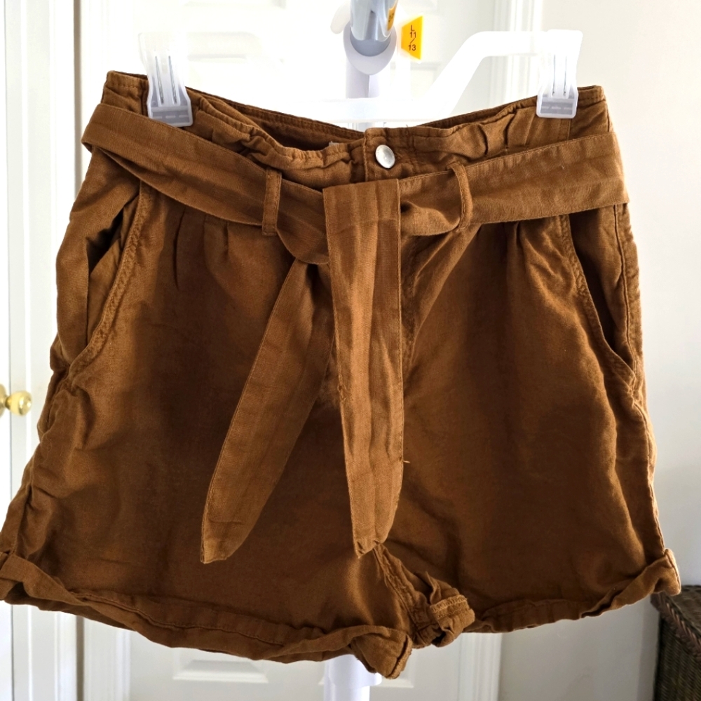 Zara Basic 100% Cotton Paperbag Tie Waist Shorts Brown Sz S